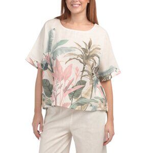 SPIGHE DI LINO Floral Made In Italy Linen Blend Printed Short Sleeve Top